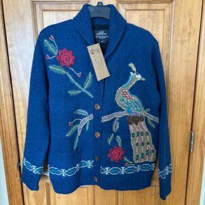 NWT Lost Horizons peacock embroidered sweater jacket